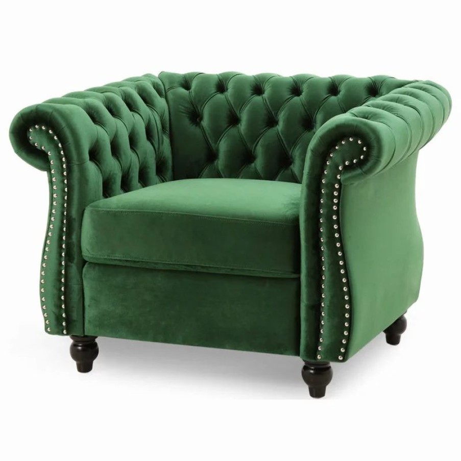 Chairs * | Gdfstudio Leila Chesterfield Velvet Club Chair, Emerald, Dark Brown