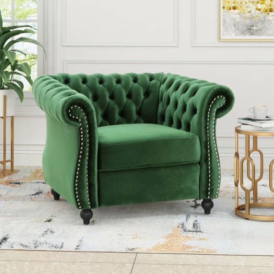 Chairs * | Gdfstudio Leila Chesterfield Velvet Club Chair, Emerald, Dark Brown