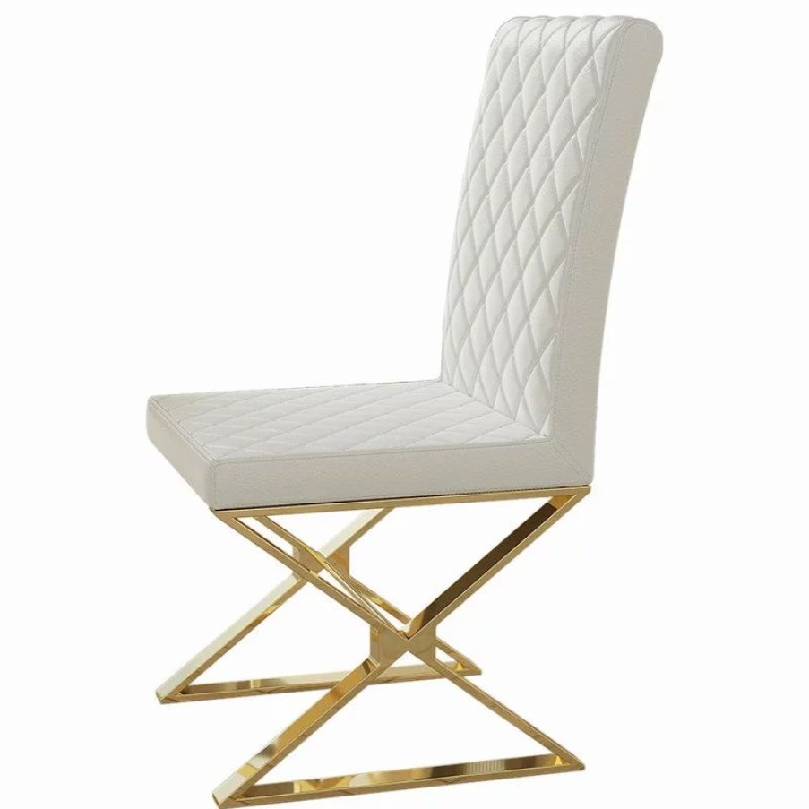 Chairs * | Homary Modern Upholstered White Pu Leather Dining Chair Set Of 2 Stainless Steel Gold