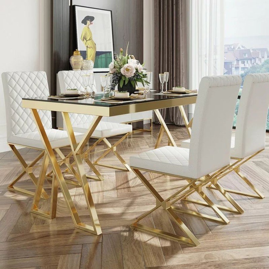Chairs * | Homary Modern Upholstered White Pu Leather Dining Chair Set Of 2 Stainless Steel Gold