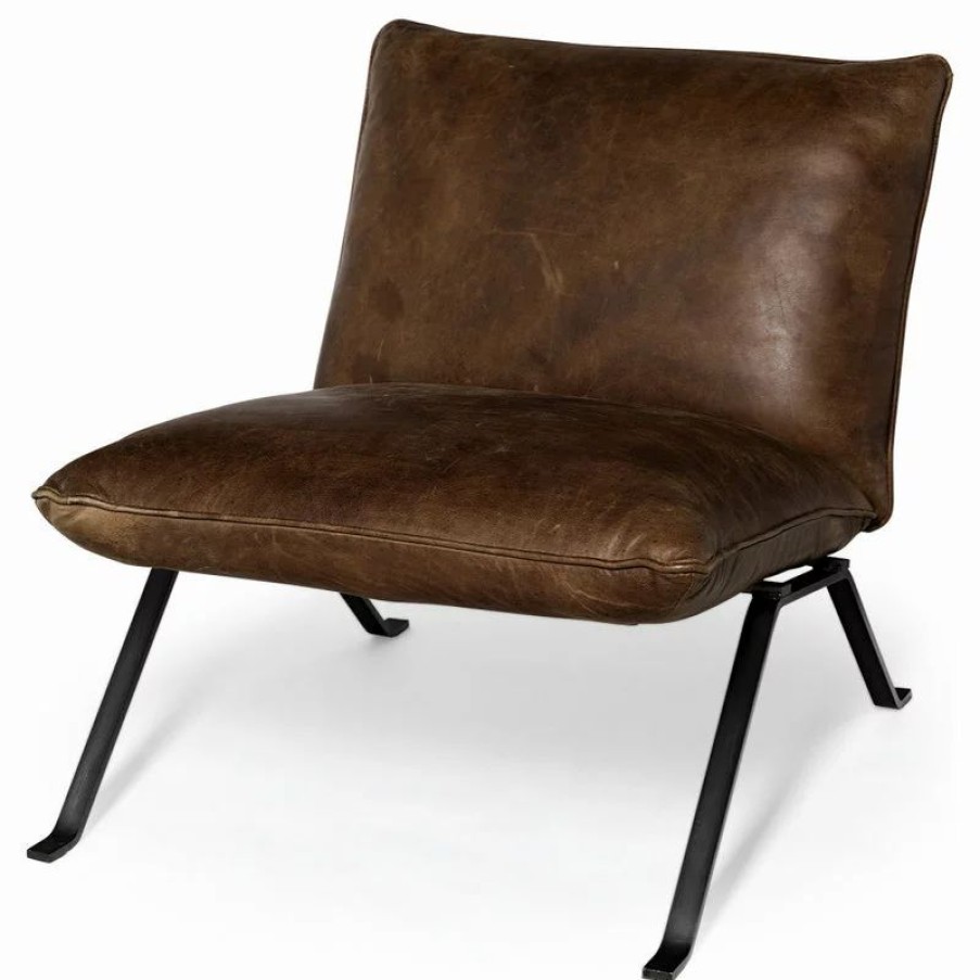 Chairs * | Mercana Flavelle Ii Top-Grain Leather Cushion Seat & Solid Iron Base Accent Chair, Brown