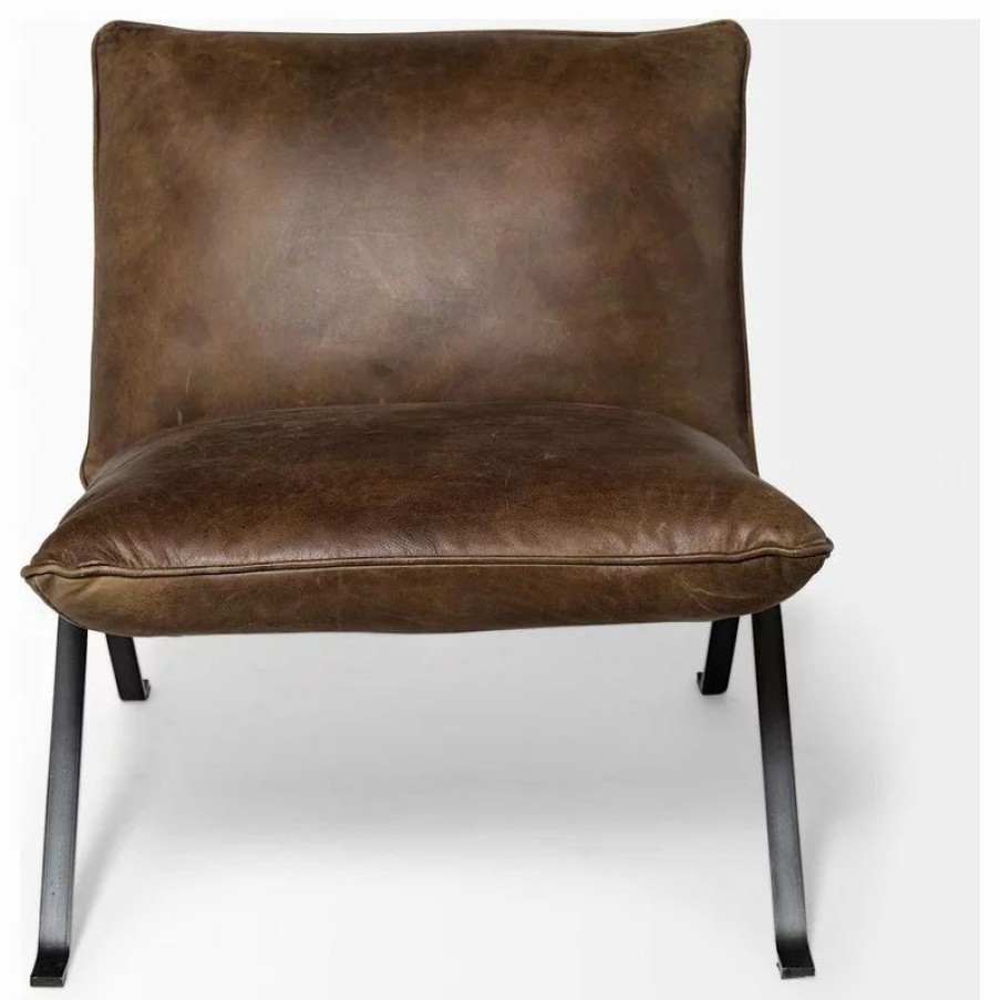 Chairs * | Mercana Flavelle Ii Top-Grain Leather Cushion Seat & Solid Iron Base Accent Chair, Brown