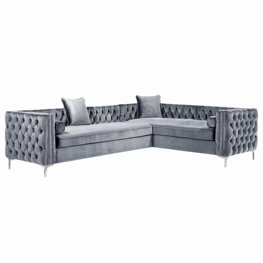 Sofas & Sectionals * | Inspired Home Jeannie 120 Velvet Corner Sectional Sofa, Gray, Right Facing