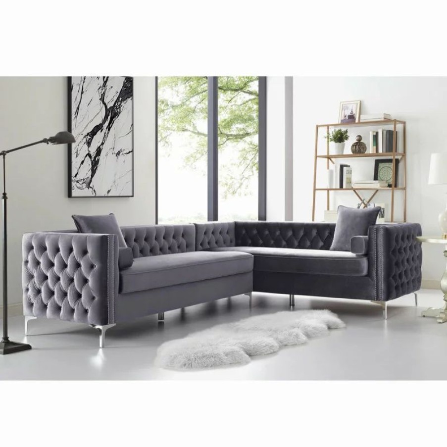 Sofas & Sectionals * | Inspired Home Jeannie 120 Velvet Corner Sectional Sofa, Gray, Right Facing