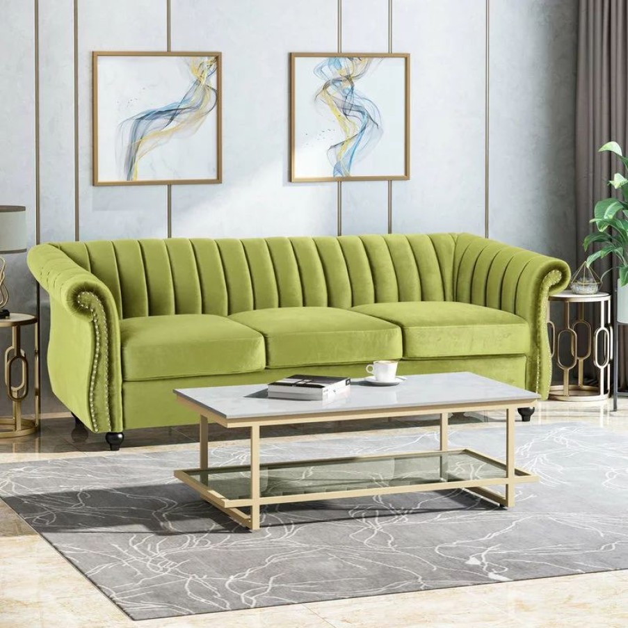 Sofas & Sectionals * | Gdfstudio Olga Modern Glam Velvet 3 Seater Sofa, Sage, Dark Brown