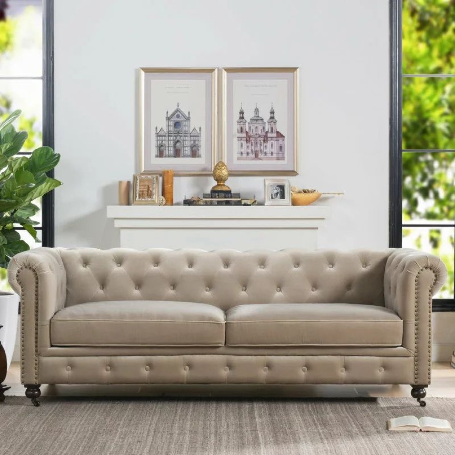 Sofas & Sectionals * | Jennifer Taylor Home Winston 91 Tufted Chesterfield Sofa, Mink Beige Performance Velvet