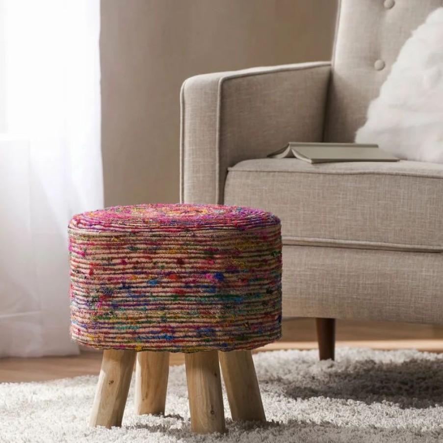 Footstools & Ottomans * | Gdfstudio Gdf Studio Stoolha Artisan Round Multicolor Swirl Pattern Fabric Pouf-St, Coral/Multi-Colored