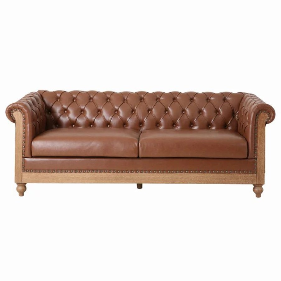 Sofas & Sectionals * | Gdfstudio Kinzie Chesterfield Tufted 3 Seater Sofa With Nailhead Trim, Cognac, Pu