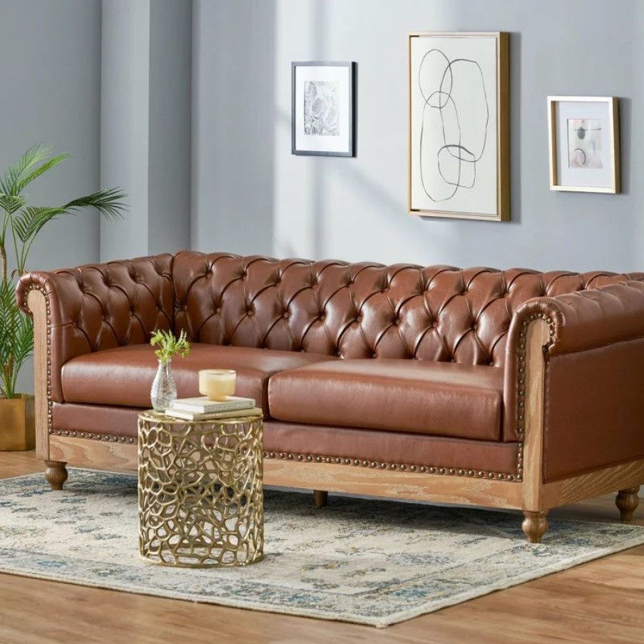 Sofas & Sectionals * | Gdfstudio Kinzie Chesterfield Tufted 3 Seater Sofa With Nailhead Trim, Cognac, Pu