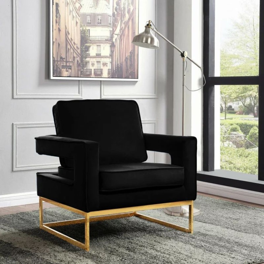Chairs * | Meridian Furniture Noah Velvet Accent Chair, Black, Gold Base