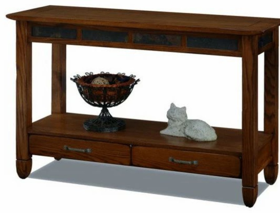 Console Tables * | Leick Home Leick Furniture Slatestone Wood Storage Console Table In Rustic Oak