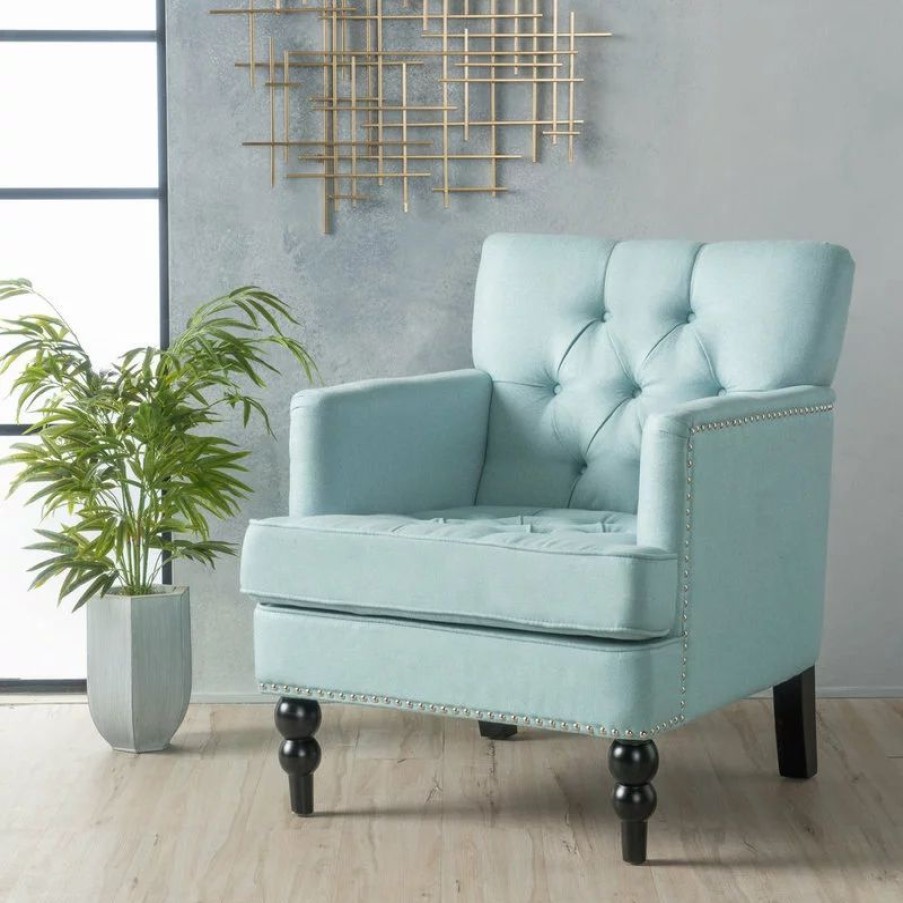 Chairs * | Gdfstudio Gdf Studio Madene Tufted Back Fabric/Microfiber Club Chair, Light Blue