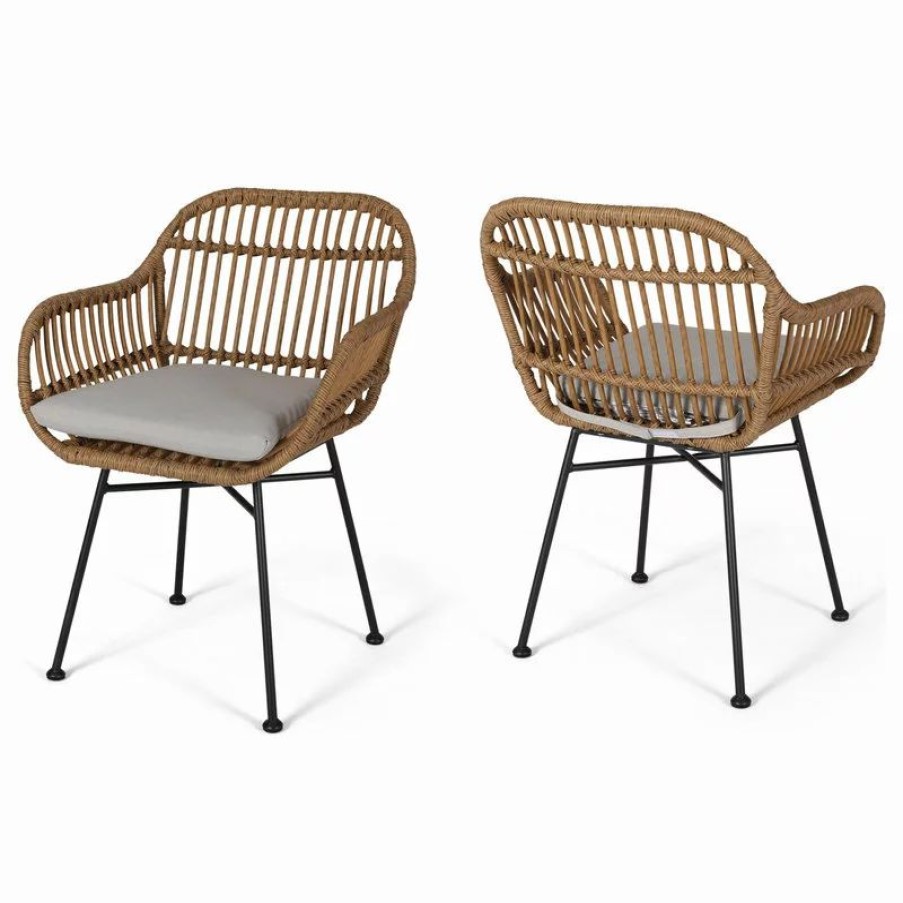 Chairs * | Gdfstudio Rodney Indoor Woven Faux Rattan Chairs With Cushions, Set Of 2, Light Brown, Bei
