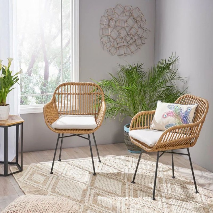 Chairs * | Gdfstudio Rodney Indoor Woven Faux Rattan Chairs With Cushions, Set Of 2, Light Brown, Bei