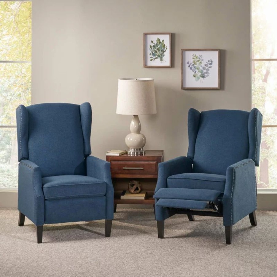Chairs * | Gdfstudio Corbin Fabric Recliner, Set Of 2, Navy Blue And Dark Brown