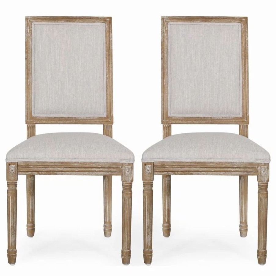 Chairs * | Gdfstudio Amy French Country Wood Upholstered Dining Chair, Set Of 2, Light Gray/Natural
