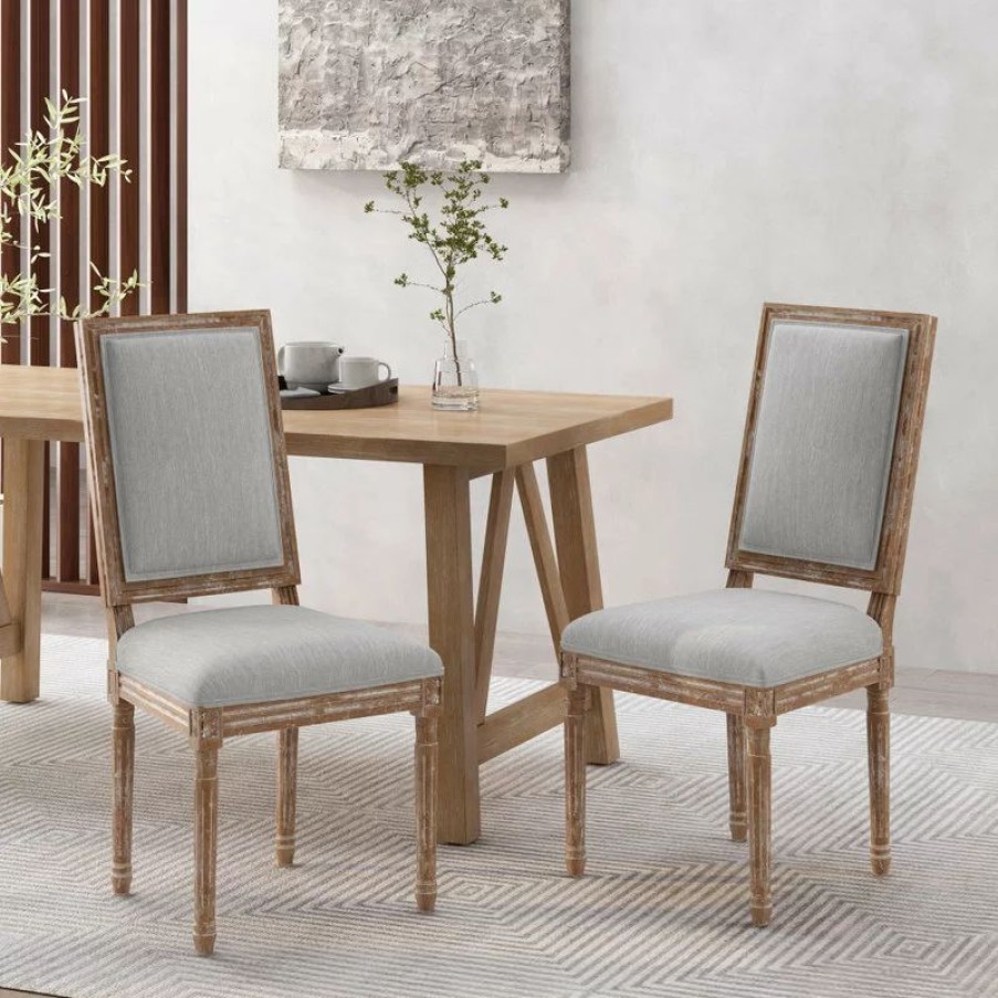 Chairs * | Gdfstudio Amy French Country Wood Upholstered Dining Chair, Set Of 2, Light Gray/Natural
