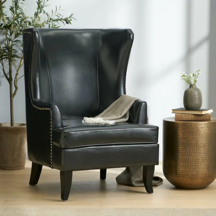 Chairs * | Gdfstudio Gdf Studio Jameson Tall Wingback Leather Club Chair, Black