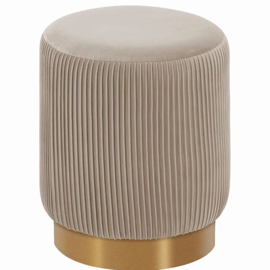 Footstools & Ottomans * | Duhome Elegant Lifestyle Round Pleated Golden Base Velvet Ottoman, Khaki