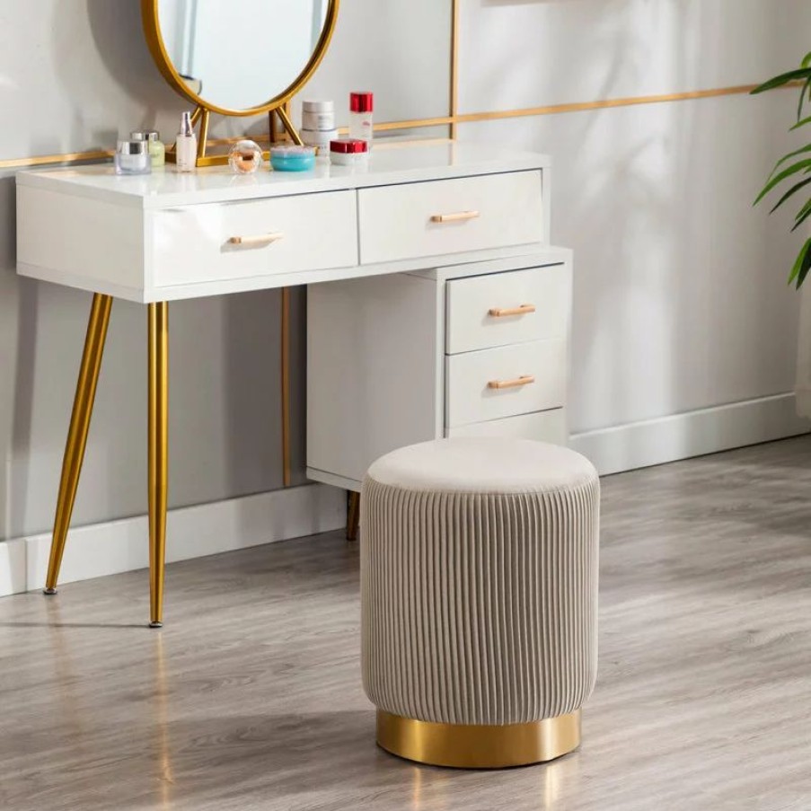 Footstools & Ottomans * | Duhome Elegant Lifestyle Round Pleated Golden Base Velvet Ottoman, Khaki