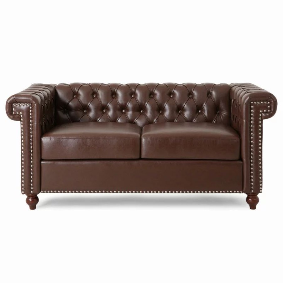 Sofas & Sectionals * | Gdfstudio Timber Contemporary Button Tufted Loveseat With Nailhead Trim, Dark Brown And Es