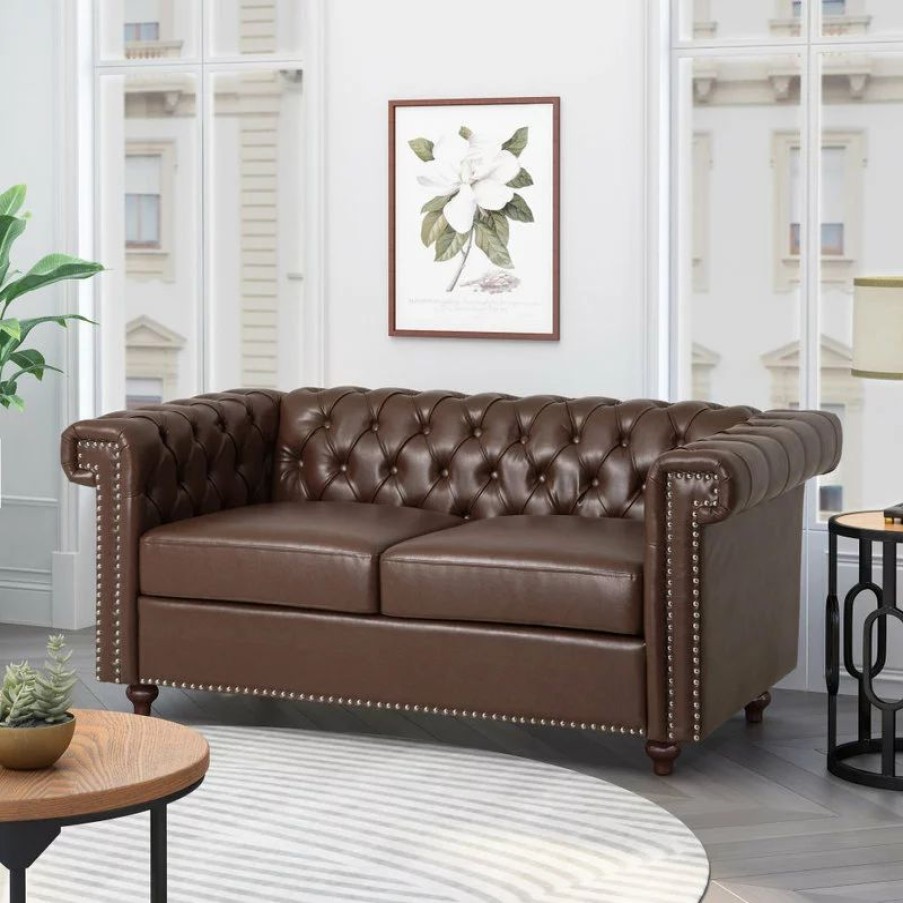 Sofas & Sectionals * | Gdfstudio Timber Contemporary Button Tufted Loveseat With Nailhead Trim, Dark Brown And Es