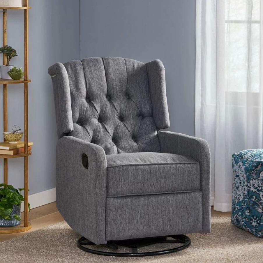 Chairs * | Gdfstudio Houck Contemporary Tufted Wingback Swivel Recliner, Charcoal + Black