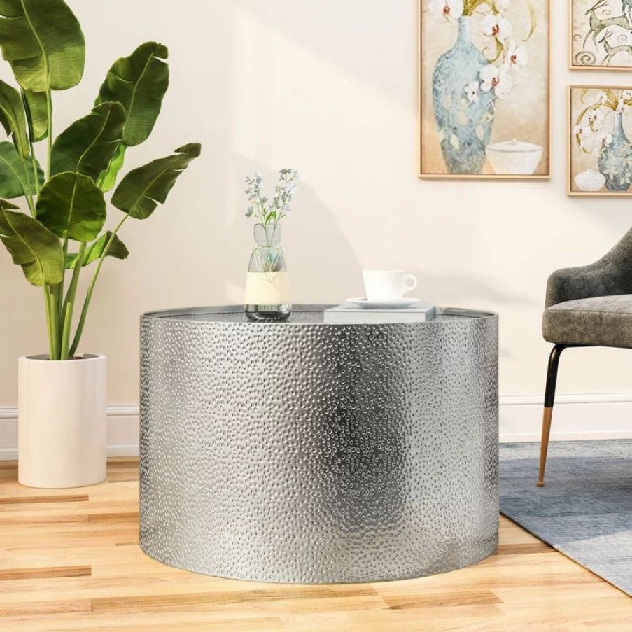 Coffee & Accent Tables * | Gdfstudio Rache Modern Round Accent Table With Hammered Iron, Silver