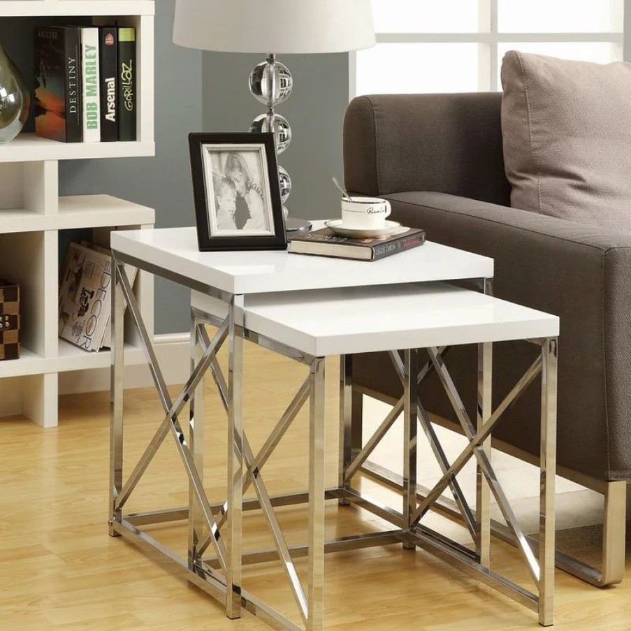 Coffee & Accent Tables * | Monarch Modern Metal Set Of 2 Nesting Table With White And Chrome Finish I 3025