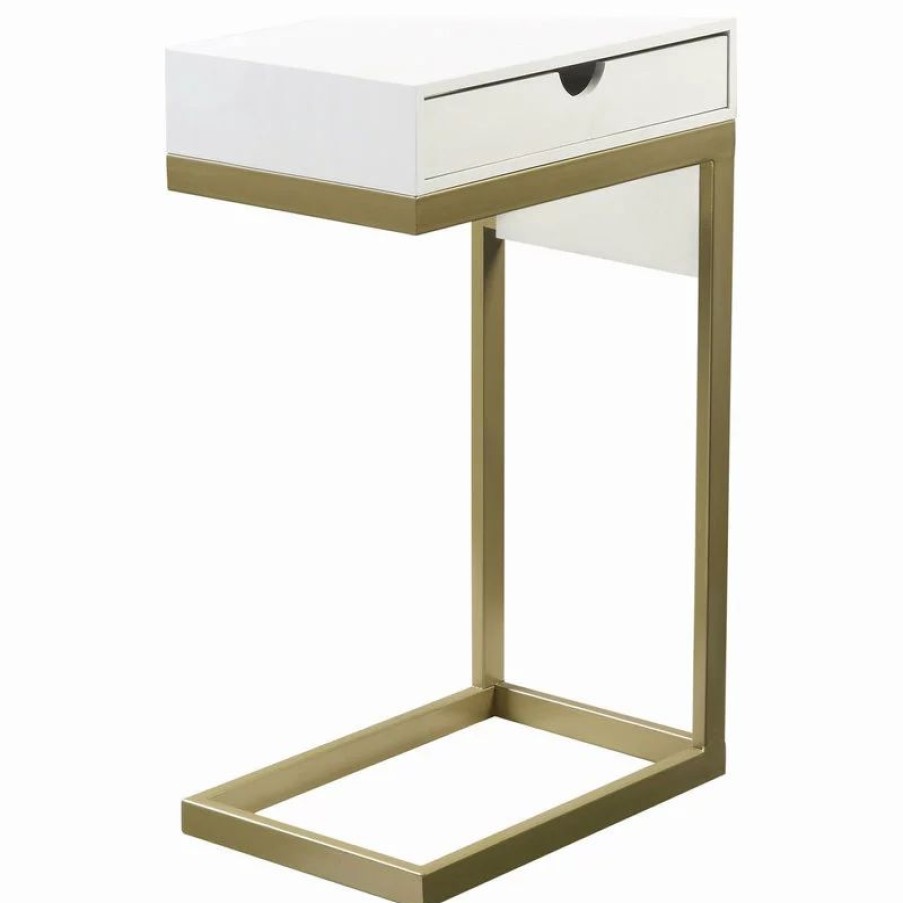 Coffee & Accent Tables * | Loft Lyfe Demetrius C-Table With Drawer, Usb Port & Wall Plug, White/Gold