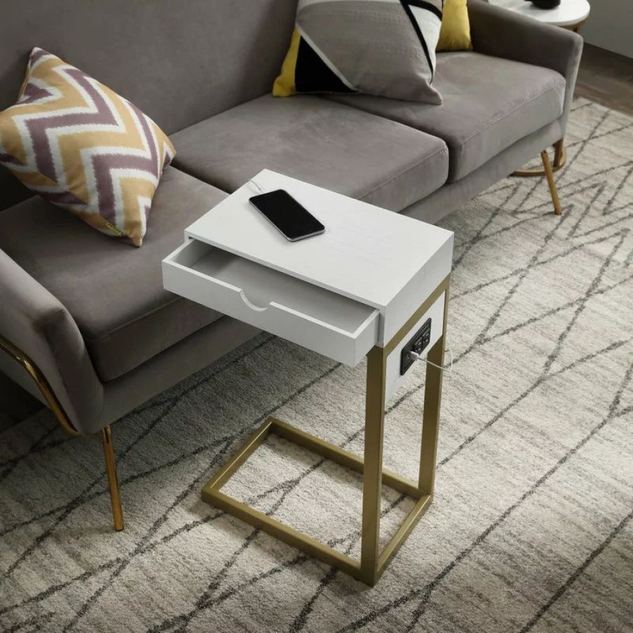 Coffee & Accent Tables * | Loft Lyfe Demetrius C-Table With Drawer, Usb Port & Wall Plug, White/Gold