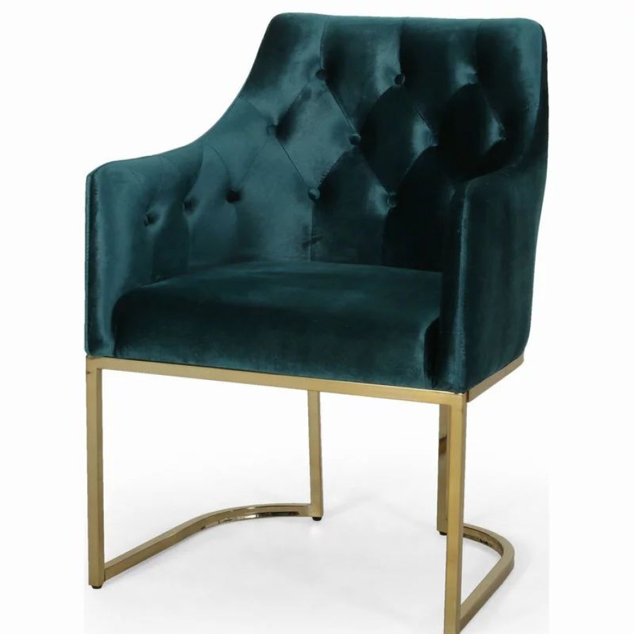 Chairs * | Gdfstudio Fern Modern Tufted Glam Accent Chair With Velvet Cushions And U-Shaped Base, Teal, Gold