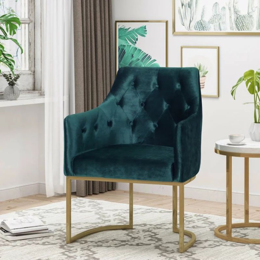 Chairs * | Gdfstudio Fern Modern Tufted Glam Accent Chair With Velvet Cushions And U-Shaped Base, Teal, Gold