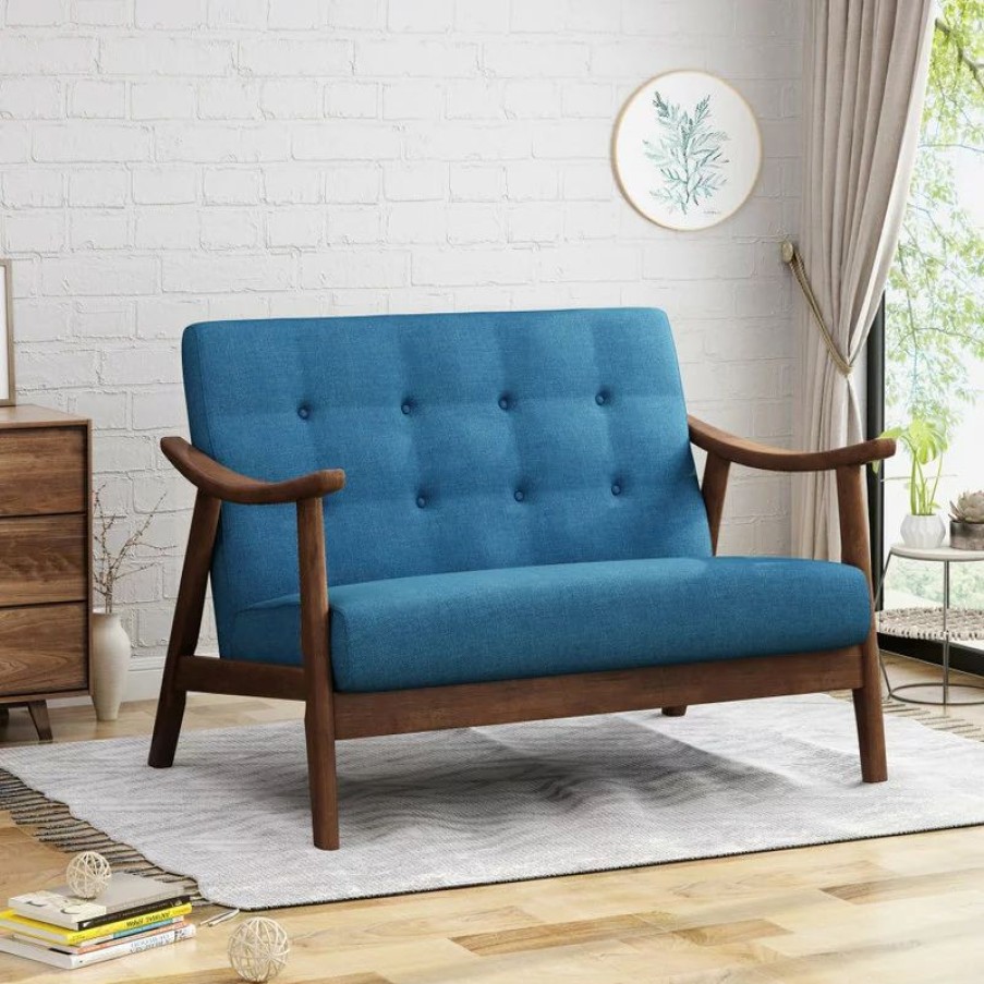 Sofas & Sectionals * | Gdfstudio Gdf Studio Buda Mid-Century Modern Settee, Navy Blue/Brown