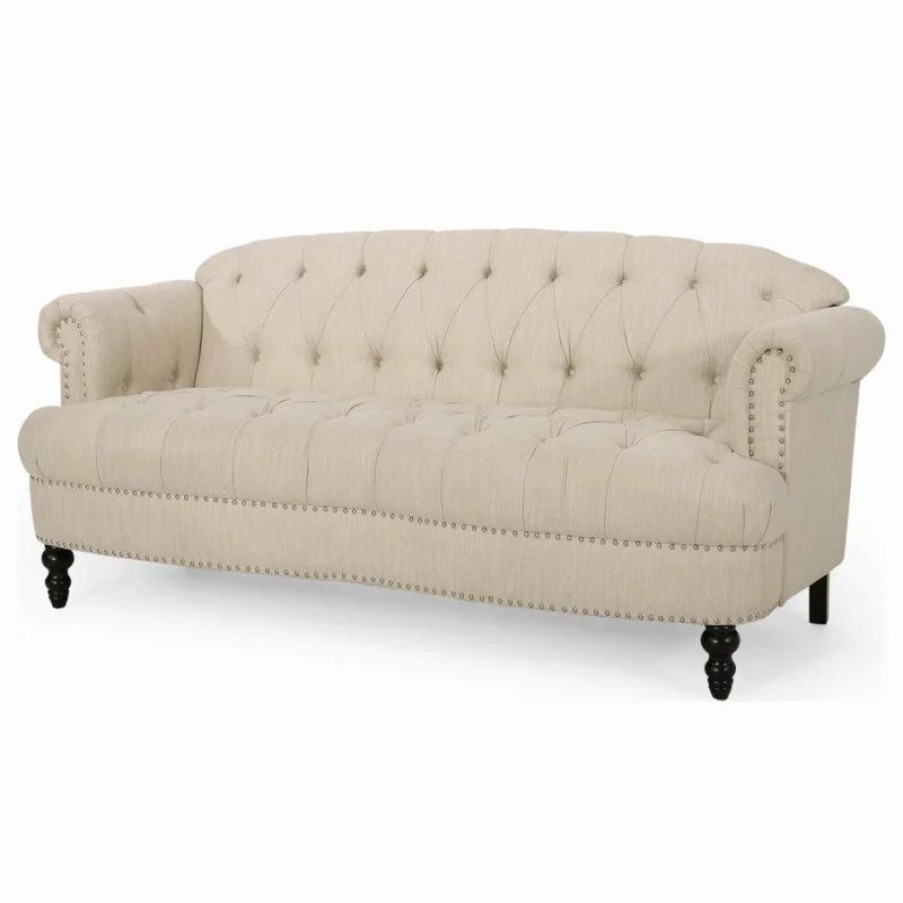 Sofas & Sectionals * | Gdfstudio Jaziel Deep Tufted Sofa With Nailhead Trim, Beige/Dark Brown