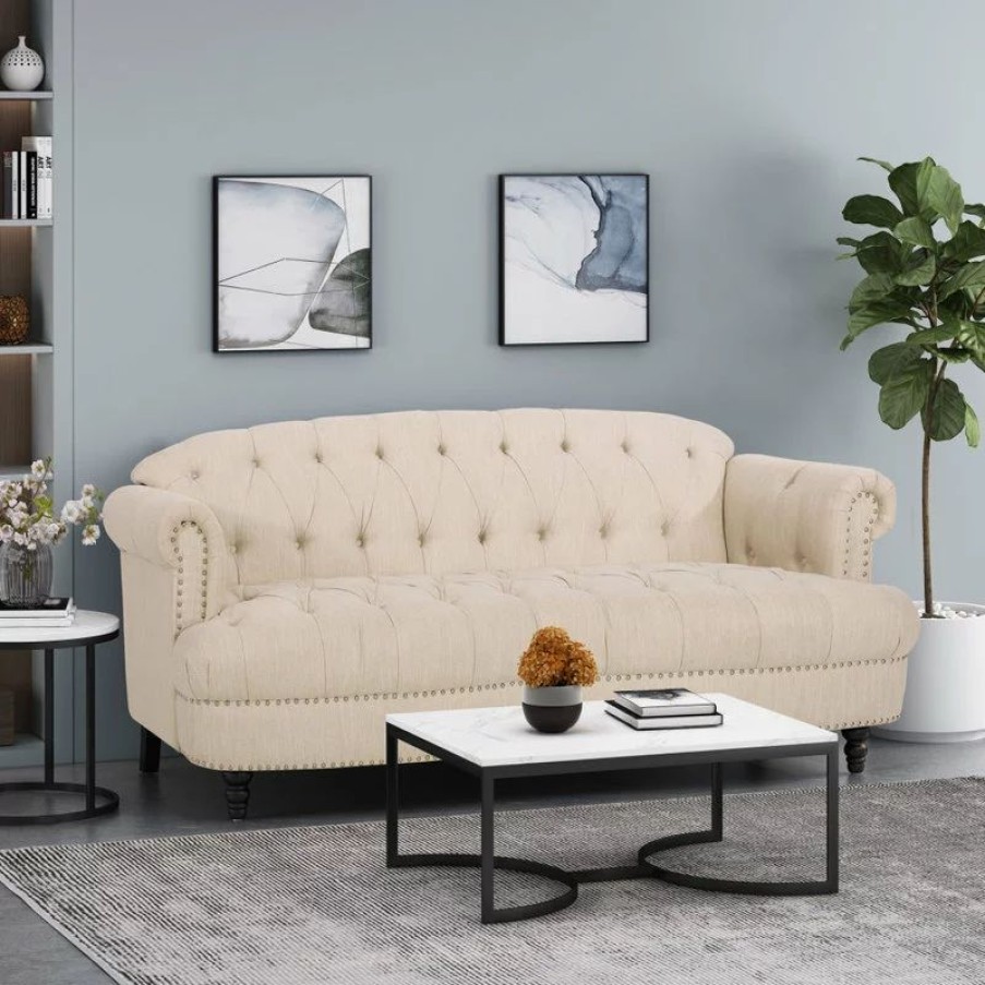 Sofas & Sectionals * | Gdfstudio Jaziel Deep Tufted Sofa With Nailhead Trim, Beige/Dark Brown