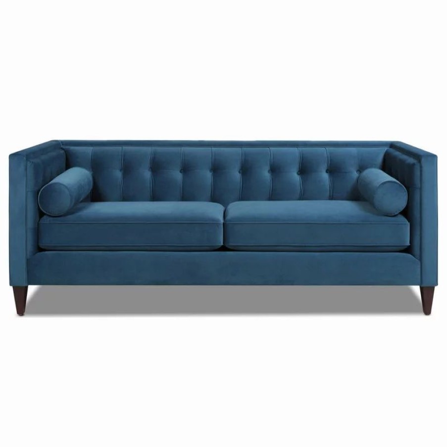 Sofas & Sectionals * | Jennifer Taylor Home Velvet Tufted Tuxedo Sofa, Blue Teal With Bolster Pillows