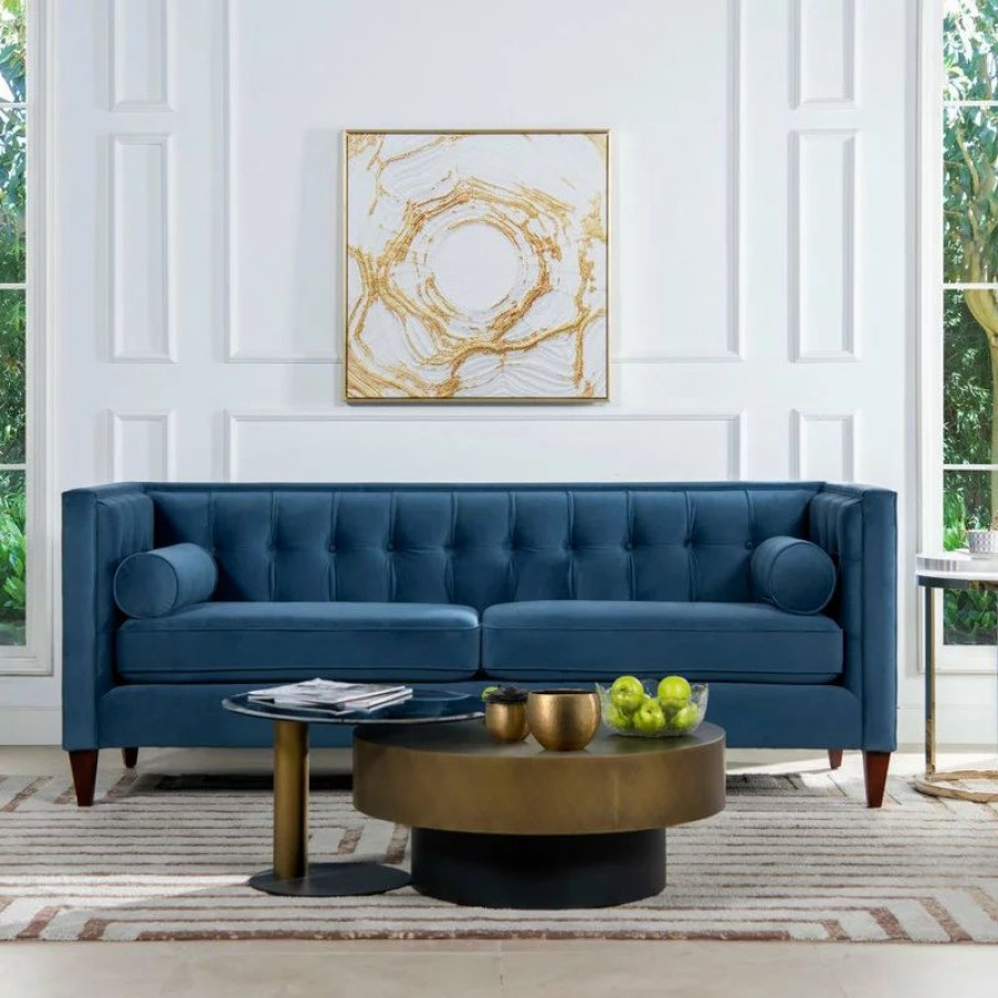 Sofas & Sectionals * | Jennifer Taylor Home Velvet Tufted Tuxedo Sofa, Blue Teal With Bolster Pillows