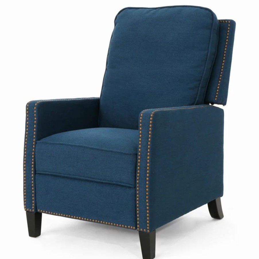 Chairs * | Gdfstudio Gdf Studio Armstrong Traditional Fabric Recliner, Navy Blue/Dark Brown
