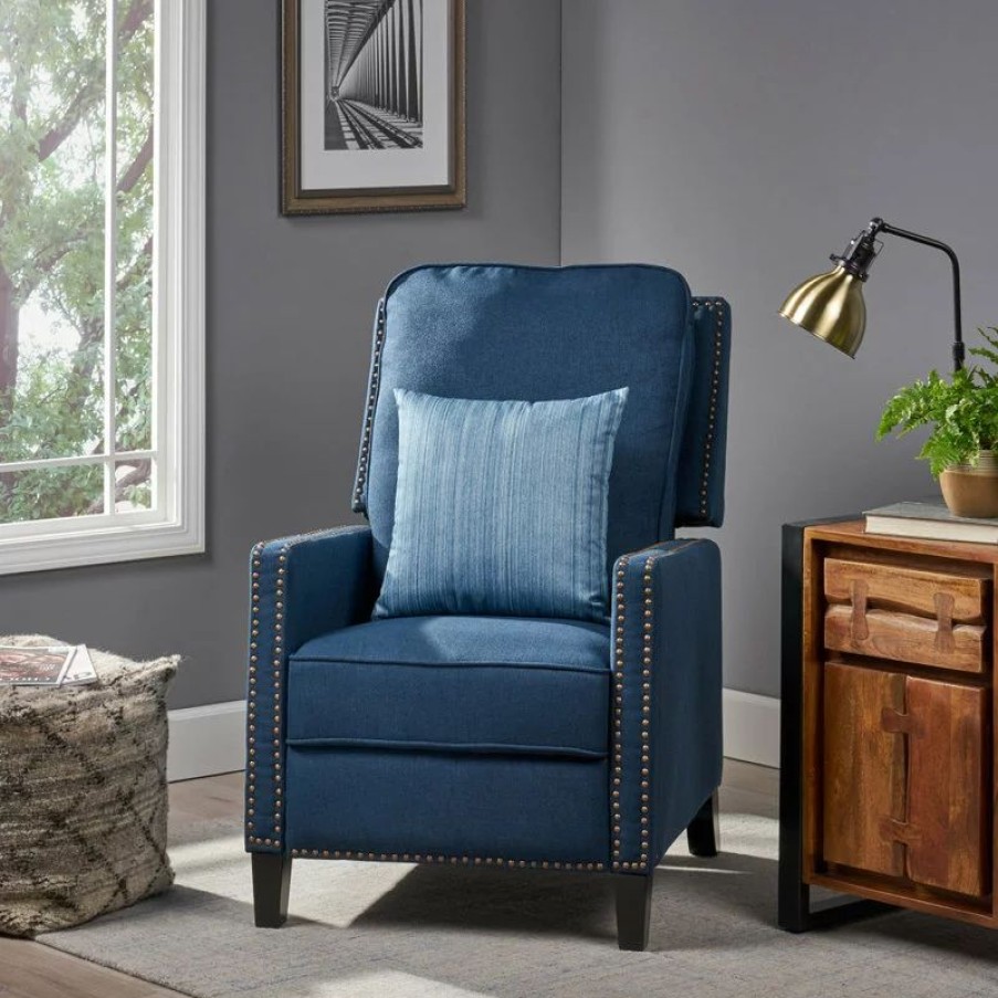 Chairs * | Gdfstudio Gdf Studio Armstrong Traditional Fabric Recliner, Navy Blue/Dark Brown