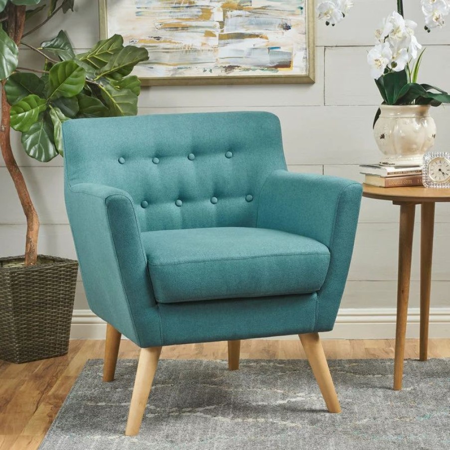 Chairs * | Gdfstudio Gdf Studio Madeira Buttoned Mid Century Modern Dark Teal Fabric Club Chair, Dark