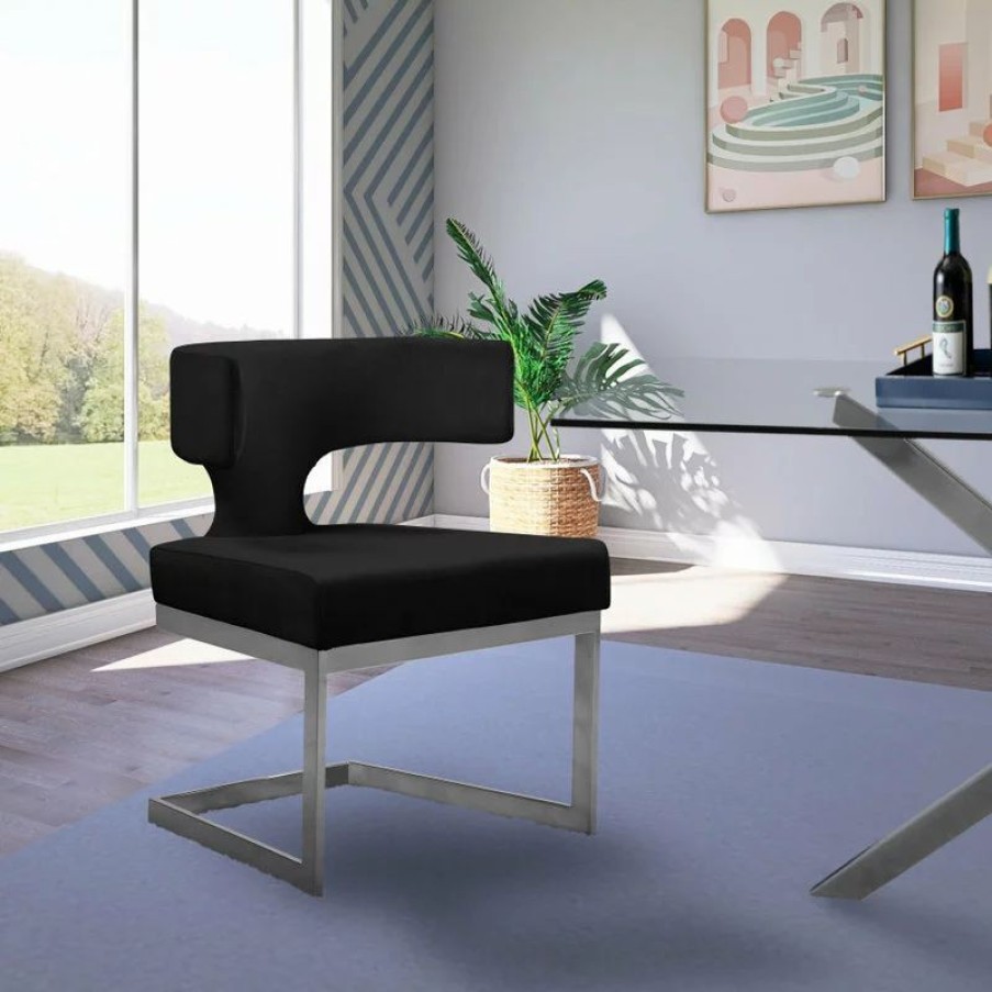 Chairs * | Mod The Eve Dining Chair, Black And Chrome, Velvet And Metal