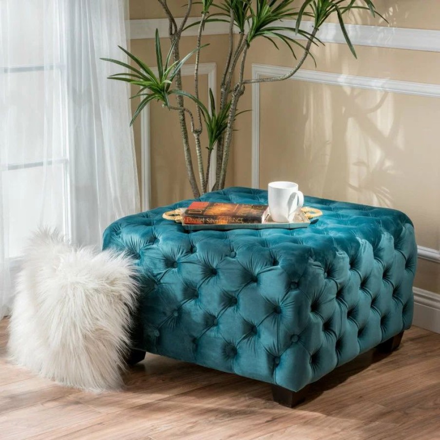 Footstools & Ottomans * | Gdfstudio Gdf Studio Provence Dark Teal Tufted Velvet Fabric Square Ottoman Bench, Dark Te