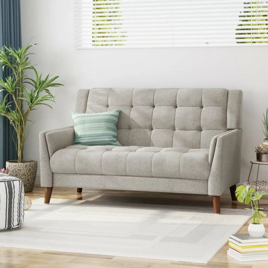 Sofas & Sectionals * | Gdfstudio Gdf Studio Evelyn Mid Century Modern Fabric Loveseat, Beige/Walnut