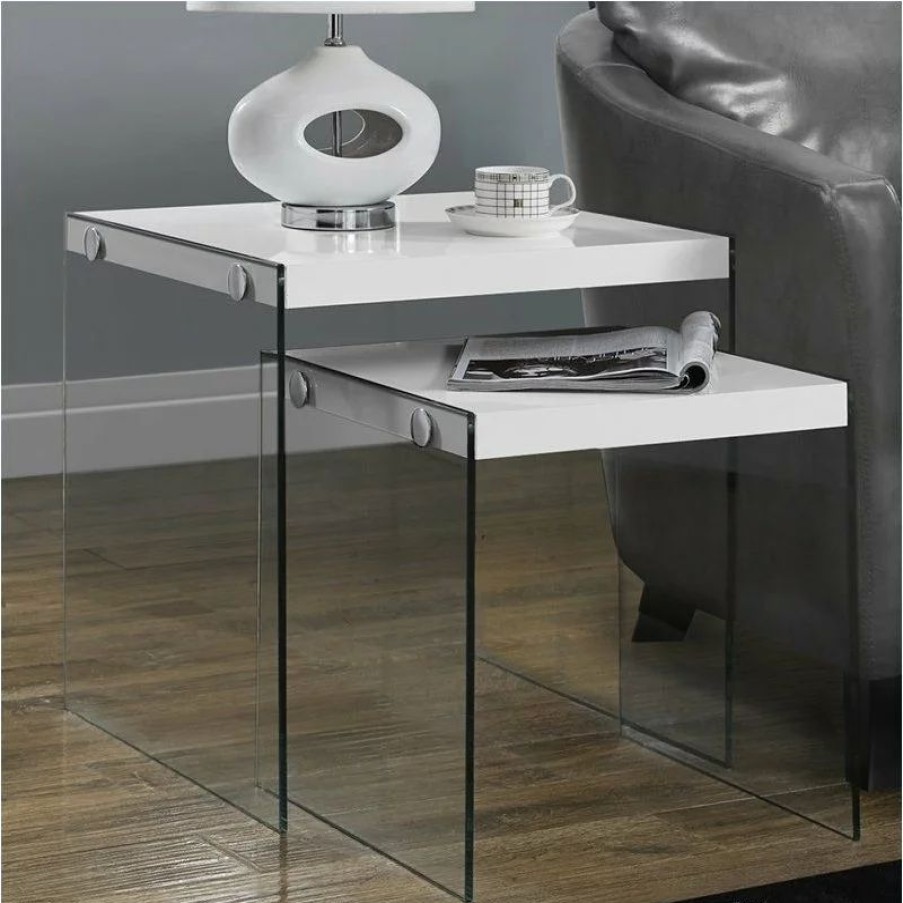 Coffee & Accent Tables * | Monarch Nesting Table Side End Accent Bedroom Tempered Glass Glossy White