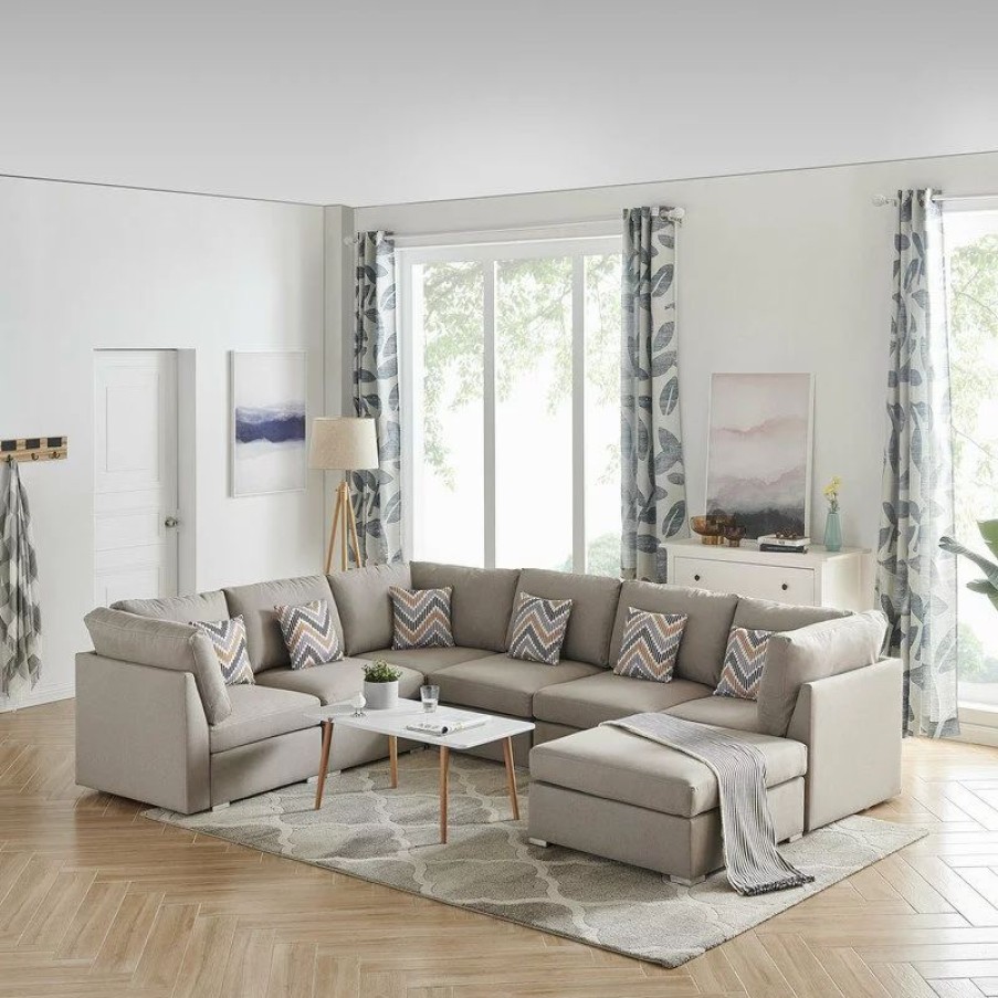 Sofas & Sectionals * | Lilola Home Amira Beige Fabric Reversible Modular Sectional Sofa With Ottoman And Pillows