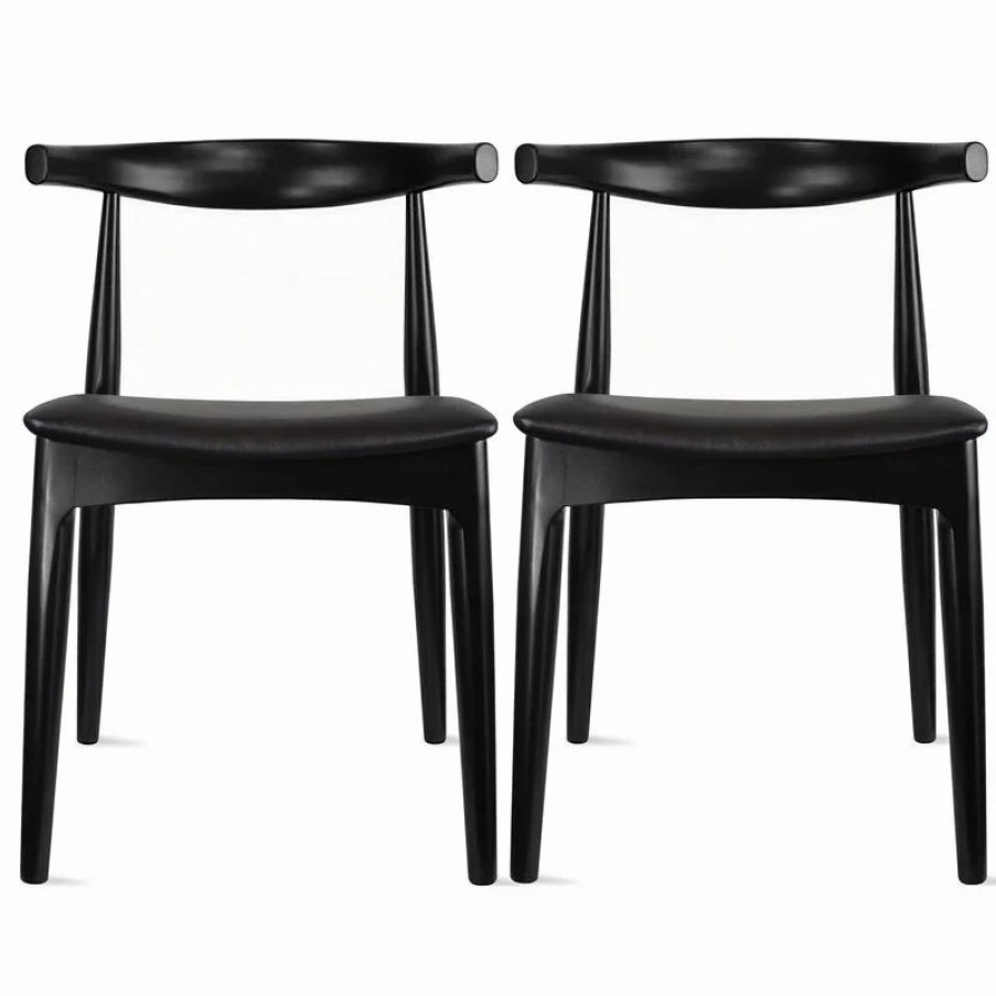 Chairs * | Homedotdot Set Of 2 Elbow Farmhouse Wooden Dining Chairs With Pu Leather Seat, Black(Assembled)