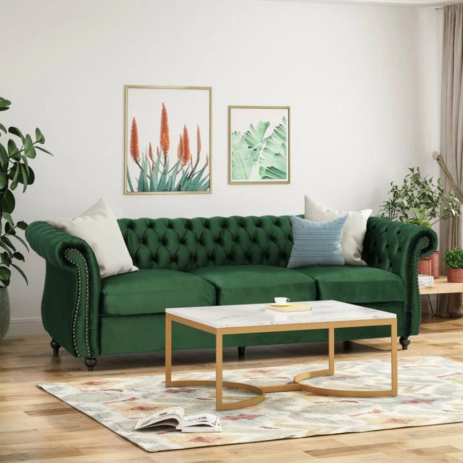 Sofas & Sectionals * | Gdfstudio Gdf Studio Vita Chesterfield Tufted Jewel Toned Velvet Sofa With Scroll Arms, Emerald