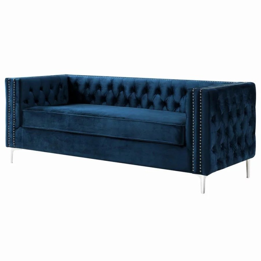 Sofas & Sectionals * | Inspired Home Jeannie Velvet 3-Seat Sofa Button Tufted With Metal Legs, Navy
