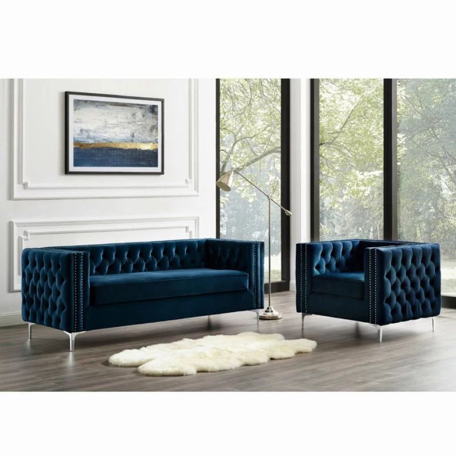 Sofas & Sectionals * | Inspired Home Jeannie Velvet 3-Seat Sofa Button Tufted With Metal Legs, Navy